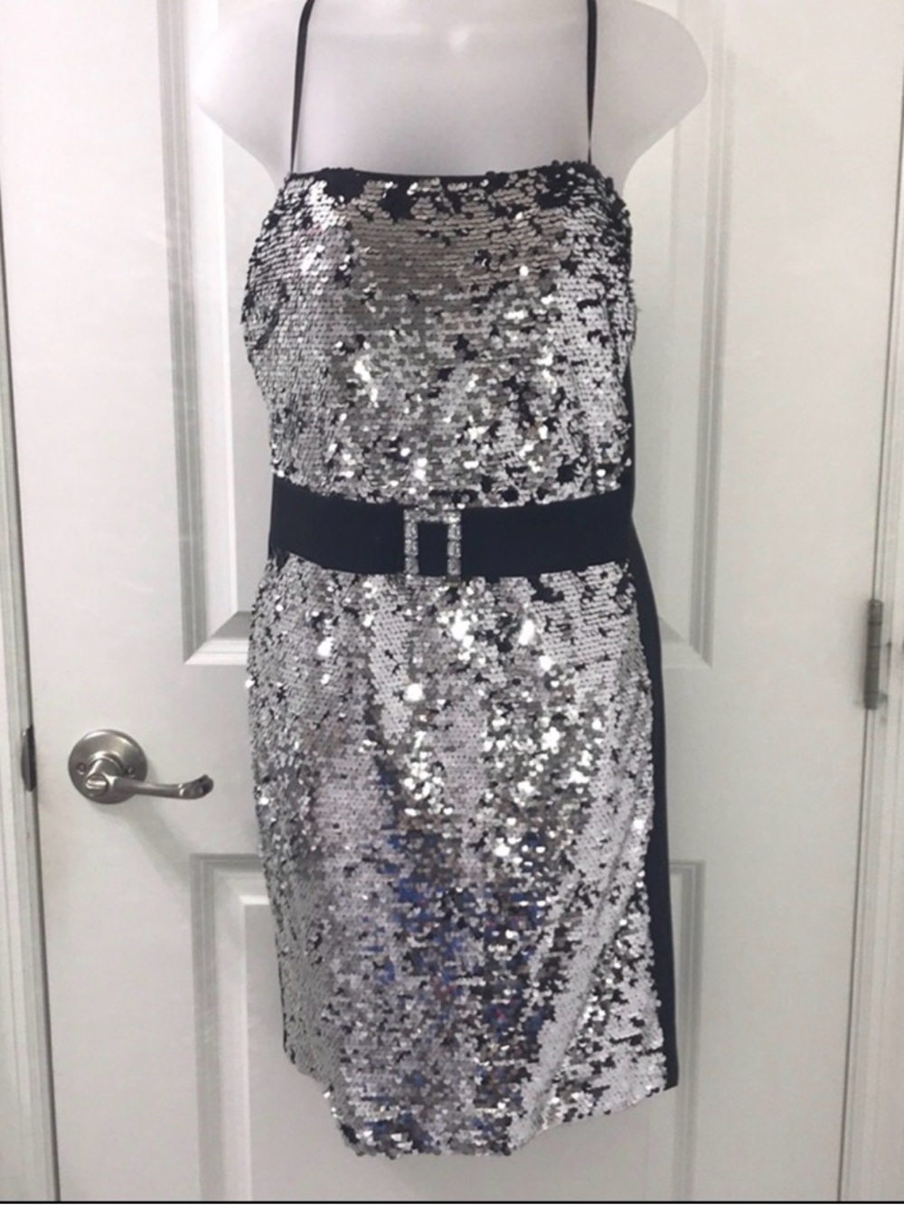 Morgan & Co. Silver Sequin Halter Mini Dress with Black Belt